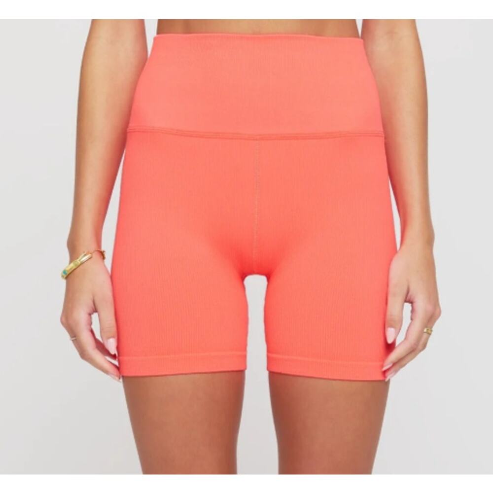 Spiritual Gangster Love Sculpt 5" Biker Shorts Womens M/L Neon Coral Ribbed Yoga